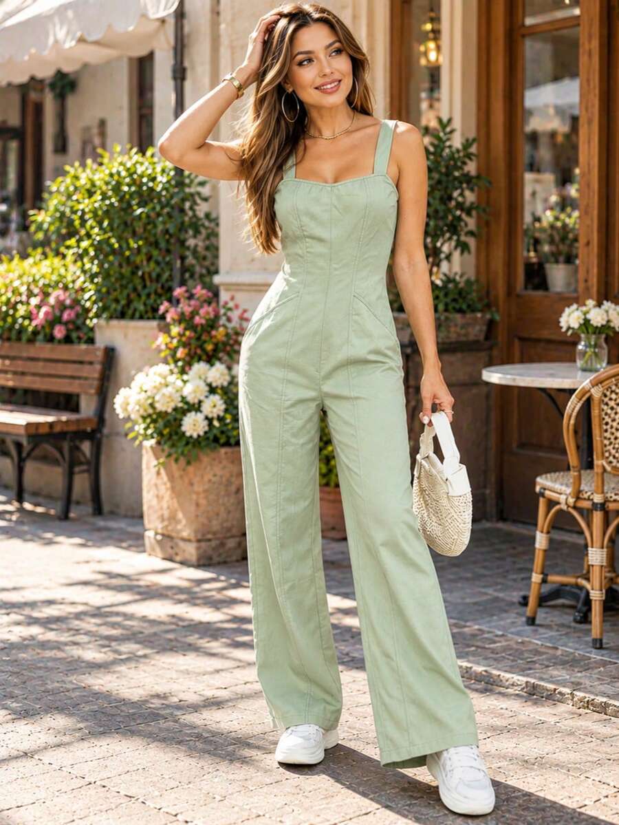 Ins Style Casual Workwear Jumpsuit Sleeveless Design Tall-Looking Slimming Wide Leg Long Pants - Green - View 1