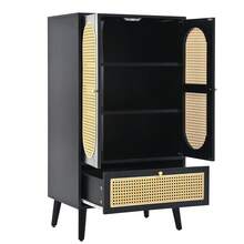 WF316082BAA)Compact Sideboard (1.1 M), Rattan Design, Black, 2 Doors, 1 Drawer, Display Cabinet, Dining Room Cabinet, Shelving, - Versatile Storage Solutions - Black - View 8