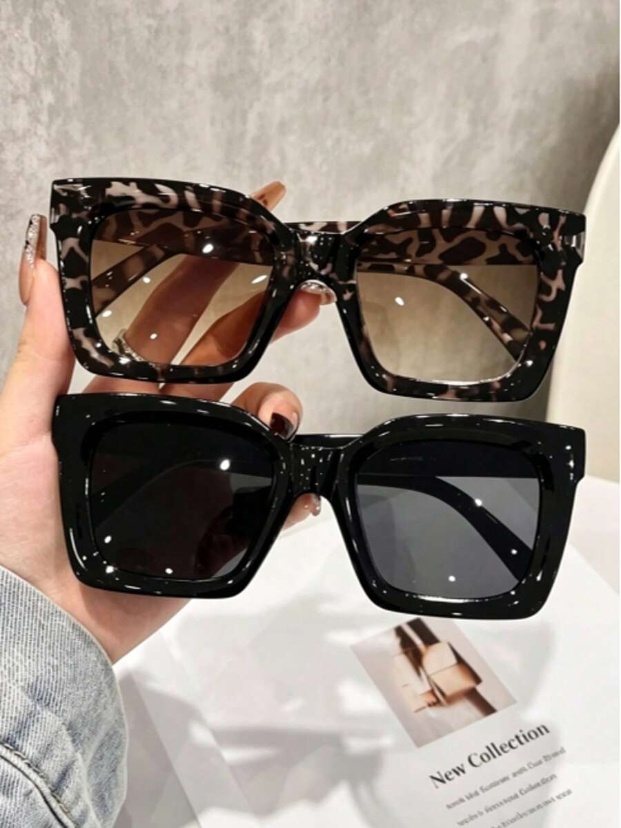 2 Pasang Kacamata Fashion Bohemian Persegi Besar Plastik untuk Wanita, Cocok untuk Pemakaian Sehari-hari, Aksesori, dan Dekorasi - Motif macan tutul hitam putih - View 1
