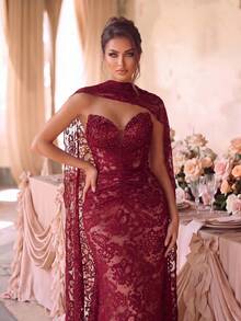 Faeriesty Women's Charming Strapless Mermaid Long Lace Formal Dress, Pearl Embellished Backless Design, Suitable For Prom And Evening Party - Burgundy - View 10