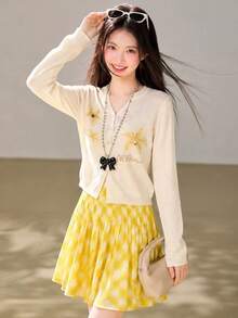 1pc Women's Korean Style Knitted Cardigan Jacket, Printed Pattern, Autumn Thin Layering Knit Top - Yellow - View 3