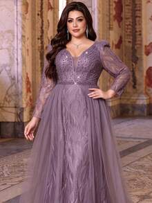 Plus Size Fall Winter Elegant Beaded Rhinestone Embellished Lace Tulle A-Line Maxi Dress, V-Neck Sheer Long Sleeve Sweep Train Gown For Party Wedding - Dusty Pink - View 2