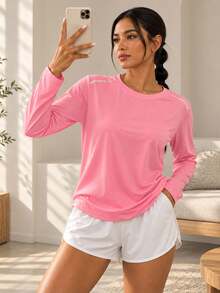 Women's Crew Neck Long Sleeve Workout Top Solid Color Slim Fit Active Shirt For Running Gym Training And Casual Wear - Hot Pink - View 2