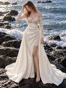 Elegant Off - Shoulder Train Gown Elegant Off Shoulder Tail Dress | Bridal Look/High End Banquet Adaptation - أبيض - مشاهدة 4