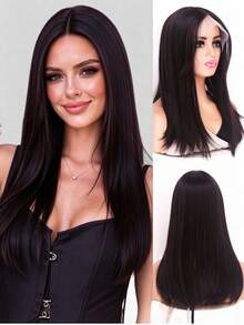13x1 Lace Front Straight Synthetic Wig, 18 Inch Front Lace Straight Hair For Women, Black Brown Middle Part Heat Resistant Wig, Suitable For Daily And Party Wear - Multicolor - View 11