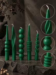 1pc Dark Green Long Taper Candle, Spiral Wave Artistic Design, Multiple Designs Available, Suitable For Christmas Home Decor, Holidays, Autumn Home Decoration, Wedding Decor, Candlelight Dinner, Party, Living Room Tabletop Display And Holiday Gifts - Multiple Styles - View 4