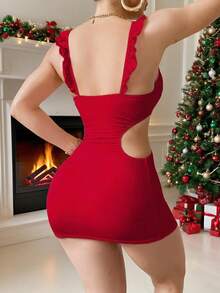 Women's Red Ruffle Flutter Sleeve Milk Silk Hollow Waist Cutout Bodycon Dress, Sexy Lingerie Style Dress - Red - View 7