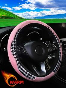 MEIKAXIU 1pc Winter Rabbit Fur Plush Soft Comfortable Non-Slip Car Steering Wheel Cover Without Inner Ring, Suitable For 15 Inch, Black & Red, Car Interior Accessory For Men & Women - Houndstooth Plush Style - View 15