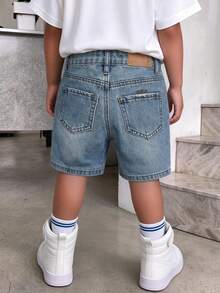 Young Boy Distressed Washed Light Blue Embroidered Adjustable Elastic Waist Spray Paint Cat Whiskers Denim Shorts - Light Wash - View 3