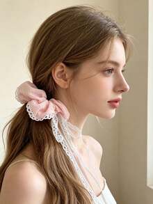 Soft Pink Textured Fabric Hair Scrunchie With Delicate Hollow Lace ...