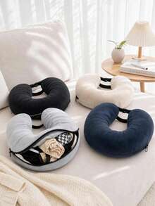 Adjustable U-Shaped Travel Neck Pillow, Wide And Comfortable Design, With Convenient Zipper, Portable, Suitable For Car, Train, Office And Airplane, Ideal For Long-Distance Flights - Multicolor - View 2