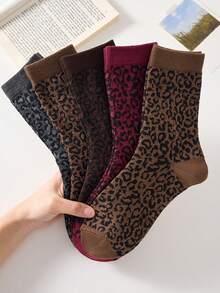 2 Pasang Kaos Kaki Wanita Setengah Betis, Motif Leopard Burgundy Tebal dan Hangat, Cocok untuk Dipakai di Musim Gugur/Musim Dingin - MultiWarna - View 5