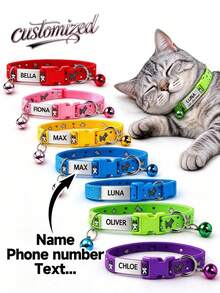 Personalized Soft Cat Collar With Bell, Cat Collar, Customized Pet Name Tag, Adjustable Basic Collar, Suitable For Small And Medium Dogs, Cats, Kittens And Puppies, With Buckle - Multicolor - View 1