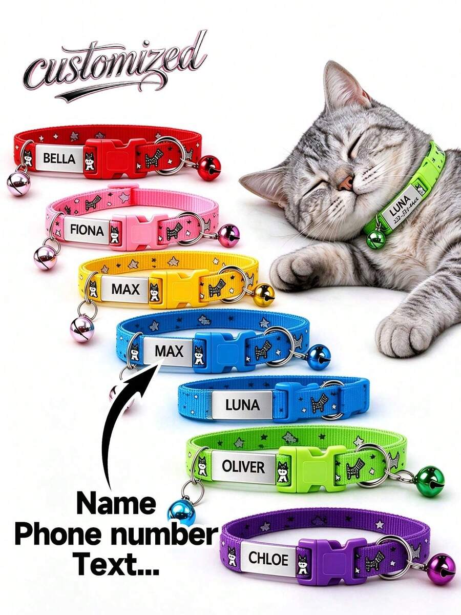 Personalized Soft Cat Collar With Bell, Cat Collar, Customized Pet Name Tag, Adjustable Basic Collar, Suitable For Small And Medium Dogs, Cats, Kittens And Puppies, With Buckle - Multicolor - View 1