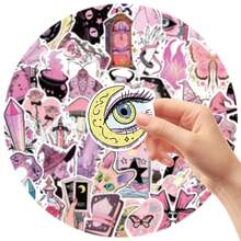 50Pcs Pink‑Purple Mystical Witchcraft Magic Pattern PVC Stickers, Sweet Cool Dark Fantasy Illustration Style, Waterproof PVC Material, Precise Die‑Cut, Tear‑Resistant, For Students & Journal Lovers, DIY Decoration For Journals, Water Bottles, Luggage, Notebooks PVC Decorative Stickers - Multicolor - View 5