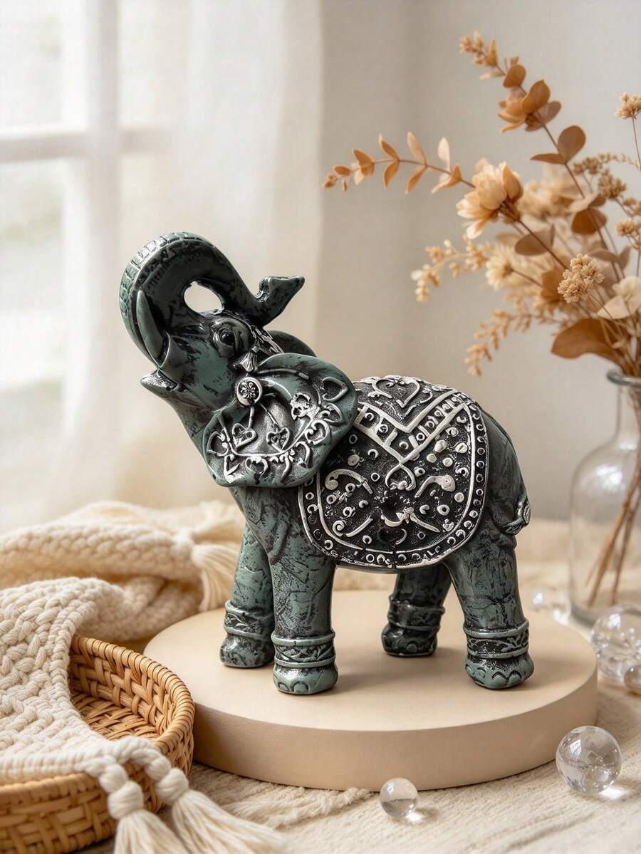1pc Vintage Elephant Statue, Bronze And Red Decorated Lucky Elephant Figurine, Upward Trunk, Bohemian Style Asian Home Decor, Suitable For Living Room, Housewarming Gift - Multicolor - View 1
