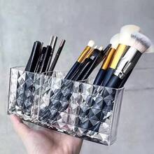 Transparent Crystal-Like Cosmetic Storage Box, 3-Compartment Makeup Brush Holder Desktop Organizer, Diamond Pattern Minimalist Design, Can Store Lipstick, Eyeliner, Eyebrow Pencil, Makeup Brushes, Makeup Vanity Tidy Storage Item - Clear - View 10
