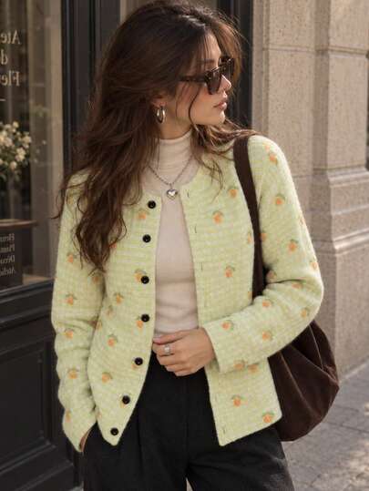 Women Yellow Gingham Fruit Knit Cardigan, Cute Button Front Long Sleeve Sweater, Soft Cozy Preppy Casual Layering Top, Fall Winter Outfit For Women