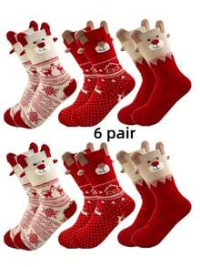 1/3/6 Pairs Women's Christmas Red Mid-Calf Socks, Printed With Santa Claus, Snowman, Reindeer Patterns, Suitable For Christmas Outfits - Multicolor - View 11