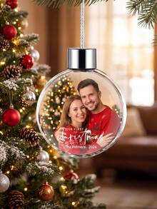 1pc Custom Photo And Text Christmas Ball Ornament, Personalized Our First Christmas Couple Round Bauble, Custom Keepsake Christmas Gift For Newlyweds - Multicolor - View 3