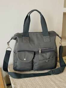 Tas jinjing nilon abu-abu dengan banyak kantong, desain kancing jepret dan resleting, kapasitas besar, tas selempang, ringan, tas bahu kasual untuk bepergian. - Grey - View 4