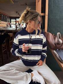 Striped Polo Knit Sweater, Long Sleeve Navy Blue Pullover, Ribbed Trim, Relaxed Fit, Casual Everyday Preppy Fall Winter Outfit For Women - Navy Blue - View 1