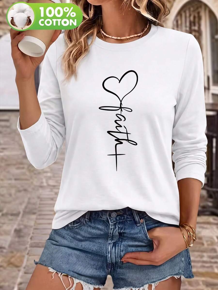 T-shirt à manches longues col ras-du-cou pour femmes, imprimé cœur en art linéaire "Foi", Top décontracté coupe ample - Blanc - Voir 1