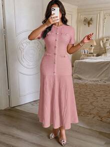 Unadoll Women Fall Pink Textured Midi Dress, Round Neck Faux‑Button Mermaid Dress, Chic Short Sleeve For Back To School, Party & Daily Wear - Pink - View 2