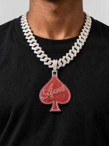 European & American Hip Hop Colorful Full Rhinestone Spade A Pendant Cuban Chain, Personalized Street Style Rhinestone Men's Necklace, Rap Accessory - Silver - View 9
