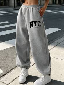 Women's Casual Loose Fit NYC Letter Print Gray Joggers, Fall And Winter Pants - Grey - View 1