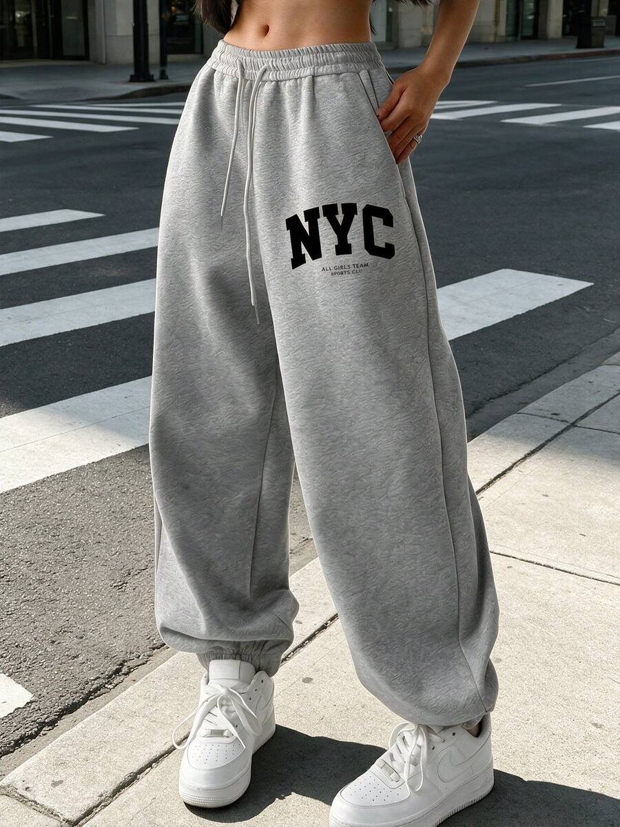 Women's Casual Loose Fit NYC Letter Print Gray Joggers, Fall And Winter Pants - Grey - View 1
