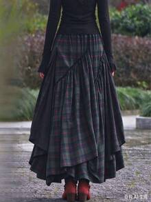 Plaid Casual Bohemian Style Asymmetrical Floral Belt Skirt Spring - Green - View 6