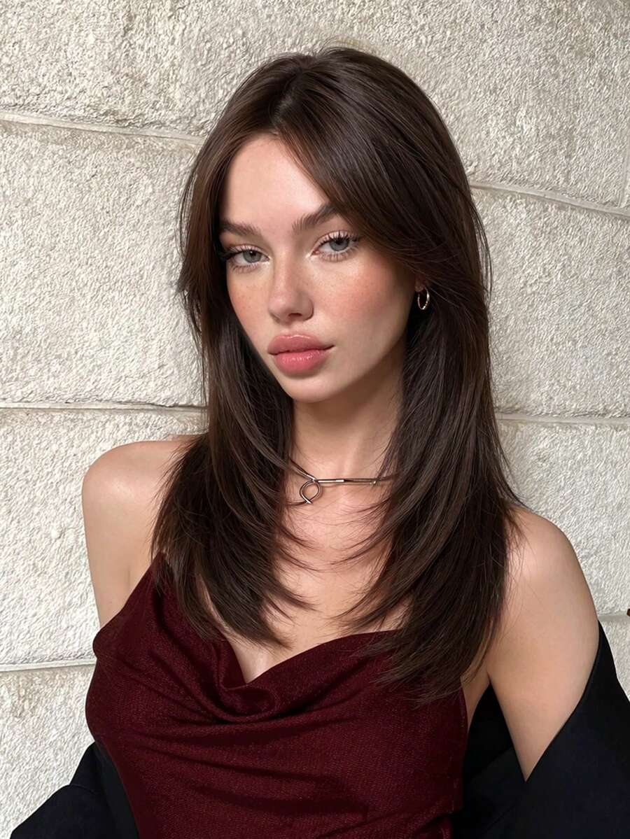 18 Inch Long Straight Dark Brown Layered Synthetic Wig With Bangs, Suitable For Women's Daily And Party Wear, Halloween
