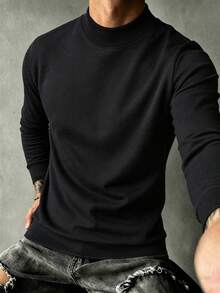 Men's Autumn/Winter Fashion Minimalist Solid Color Mock Neck Sweater, Suitable For Daily Commute And Dates, Excellent Choice For Layering - Black - View 3