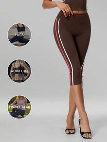 MFVIM Women's Autumn/Winter Colorblock Striped Sports Mid-Length Pants, Suitable For Daily Commute, Outdoor Jogging, Cycling, Yoga, Pilates, Gym Workout - Coffee Brown - View 5