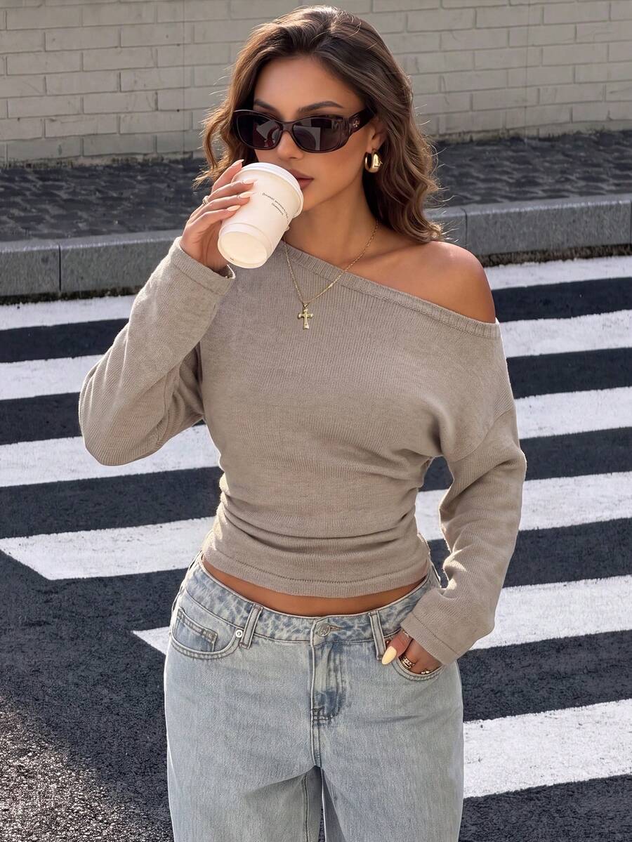 Women's Early Autumn Cold Shoulder Slouchy Fluffy Wide Bell Sleeve Loose Soft Knit Sweater - Brown - View 1