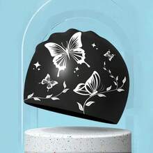 1pc Women's Silicone Swim Cap, Elastic Swimming Cap - Soft, Stretchy, Non-Slip, Comfortable, Fashionable, Butterfly And Star Pattern - Black - View 3