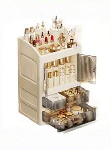 Large Capacity Skincare Storage Cabinet With Drawers And Dust-Proof Design, Countertop Cosmetic Organizer For Lipstick, Perfume, Lotion, Bathroom Vanity Storage Solution, Space-Saving Luxury Transparent Striped Door Makeup Storage Box - Multicolor - View 10