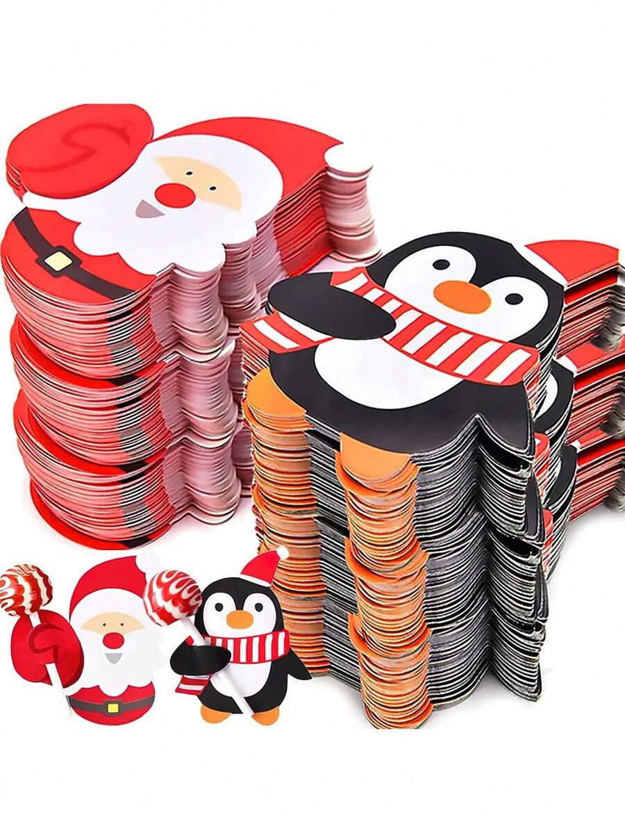 50pcs Christmas Penguin & Santa Claus Cartoon Decorative Cards, Lollipop Candy Gift Decoration Cards - Multicolor - View 1