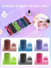300pcs Nail File Strips, Suitable For Nail Grinder, Multiple Grit Sizes (#80, #100, #120, #150, #180, #240), Mixed Colors, Includes 2 Grinding Heads, Portable Storage Box, Nail Care Supplies - Multicolor - View 3