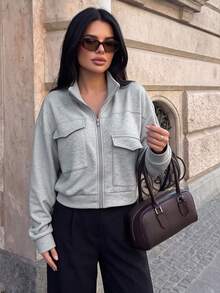 Women's Grey Knit Short Jacket, Stand Collar Zipper Pockets, Long Sleeve Casual Autumn Outerwear - Light Grey - View 1