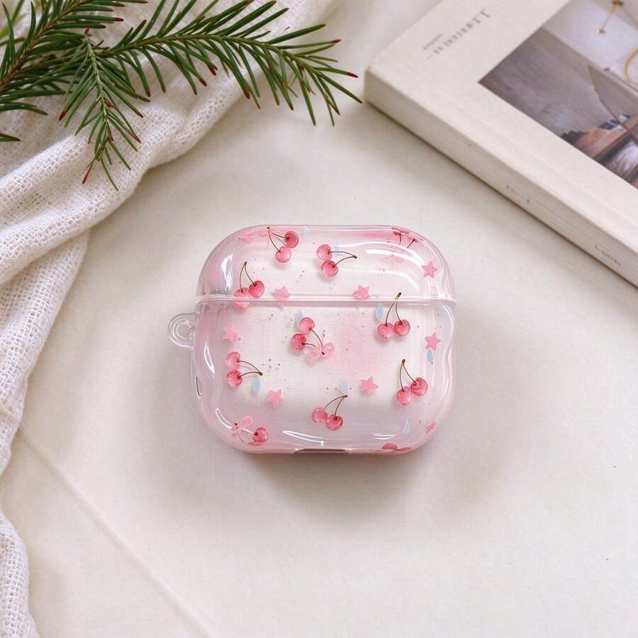 1pc Transparent TPU Earphone Protective Case, All-Over Pink Cherry And Light Pink Star Pattern, Side Hanging Hole Design, Transparent Shell Clearly Shows Earphone Body, Fresh Sweet Girl Style Print, Durable Print Resistant To Peeling, Lightweight Flexible Material, Smooth Grip, Minimalist Compact Design, Convenient To Carry, Suitable Compatible With Apple Bluetooth Earphones - Clear - View 1