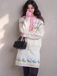 Women's Vintage Fair Isle Reindeer Pattern Cardigan And Skirt Set, With Zipper, Warm Winter Outfit - Beige - View 1