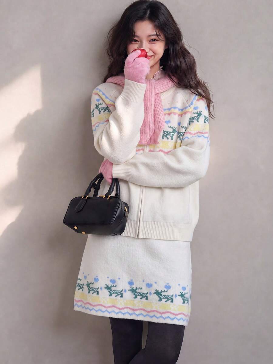 Women's Vintage Fair Isle Reindeer Pattern Cardigan And Skirt Set, With Zipper, Warm Winter Outfit - Beige - View 1