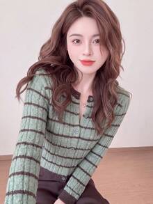 Women's Autumn/Winter Casual Minimalist Striped Round Neck Knit Cardigan Sweater - Green - View 1
