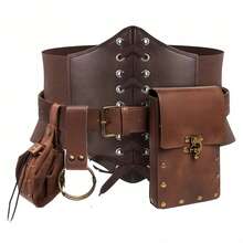 Set Aksesori Kostum Viking Abad Pertengahan: Korset Kulit PU dengan Tali Pengikat, Tas Pinggang, Dompet Koin Serut, Klip Rok untuk Pameran Renaissance. - A - View 10