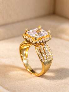 1PC Women's Rectangular Halo Zirconia Ring, Dual Color Options, Sparkling Cluster Zirconia Engagement Promise Ring, Exquisite Personalized Jewelry, Ideal Gift For Valentine's Day, Christmas, Birthday - Fashion - View 3