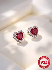S925 Sterling Silver Red Heart Stud Earrings, Elegantly Inlaid Sparkling Zirconia Stone, Simple And Suitable For Women's Daily Wear - Silver - View 1