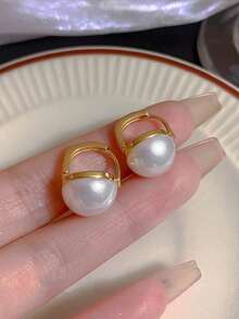 1 Pair French Vintage Fashion Half-Hoop Faux Pearl Earrings, Minimalist Luxury High-End Design, Unique Personalized Versatile Ear Hoops, Suitable For Girls' Daily, Holiday And Party Wear - Multicolor - View 3