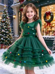 Young Girl Classic Christmas Green Flutter Sleeve Colorful 3D Ball Detachable Large Bow Party Dress - Green - View 5
